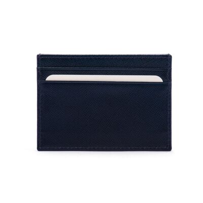 Flat Leather Credit Card Wallet 4 CC - Navy Saffiano - Navy - Helvetica/ blind