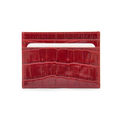 Flat Leather Credit Card Wallet 4 CC - Red Croc - Red croc - Helvetica/gold