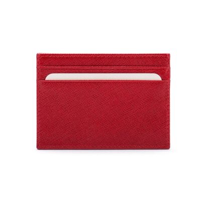 Flat Leather Credit Card Wallet 4 CC - Red Saffiano - Red - Helvetica/ blind