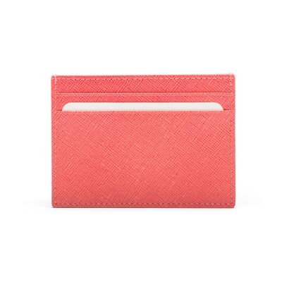 Flat Leather Credit Card Wallet 4 CC - Salmon Pink Saffiano - Salmon pink - Helvetica/silver