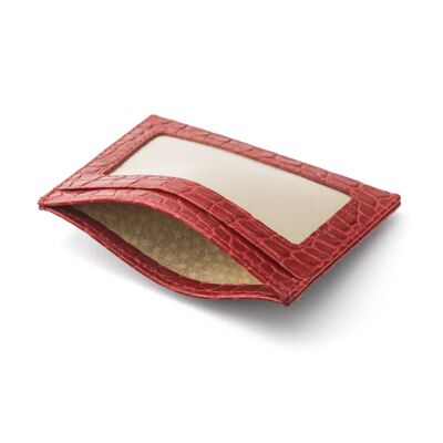 Flat Leather Credit Card Wallet With ID Window - Red Croc - Red croc - Helvetica/gold
