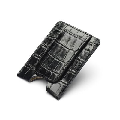 Flat Magnetic Leather Money Clip, 1 CC - Black Croc - Black croc