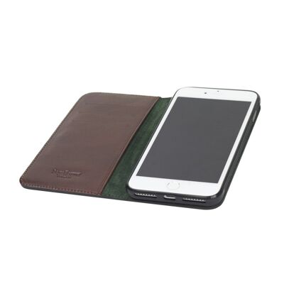 iPhone 7 and 8 Plus Wallet Case - Dark Tan With Green - Dark tan with green - Helvetica/silver