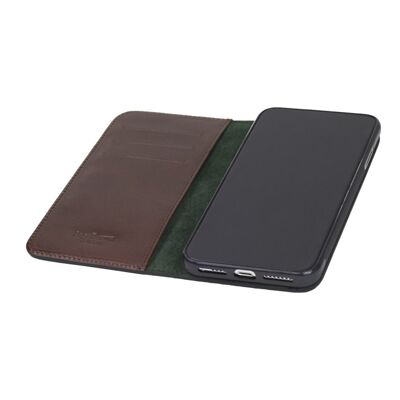 iPhone XS Max Wallet Case - Dark Tan With Green - Dark tan with green - Helvetica/silver