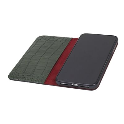 iPhone XS Max Wallet Case - Green Croc With Red - Green croc with red - Helvetica/silver