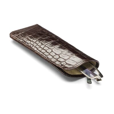 Large Leather Glasses Case - Brown Croc - Brown croc - Helvetica/silver