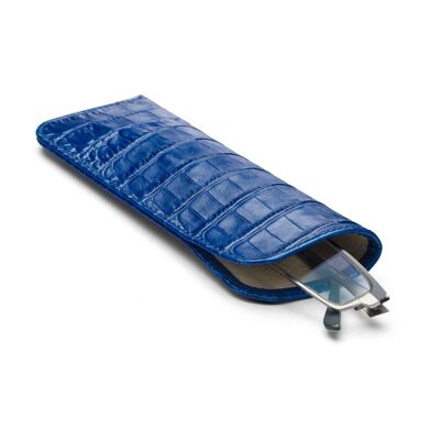 Large Leather Glasses Case - Cobalt Croc - Cobalt croc - Helvetica/ blind