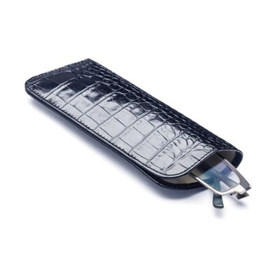 Large Leather Glasses Case - Navy Croc - Navy croc - Helvetica/silver