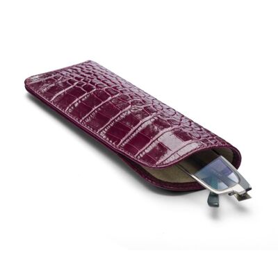 Large Leather Glasses Case - Pink Croc - Pink croc - Helvetica/silver