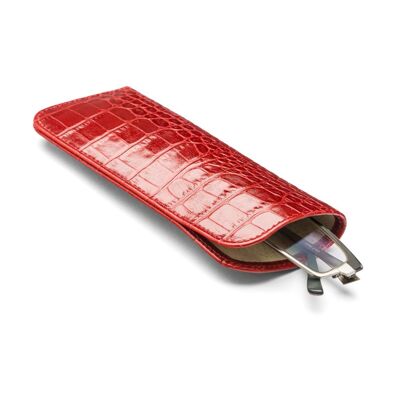 Large Leather Glasses Case - Red Croc - Red croc - Helvetica/silver