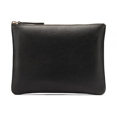 Large Leather Makeup Pouch - Black - Black - Helvetica/gold