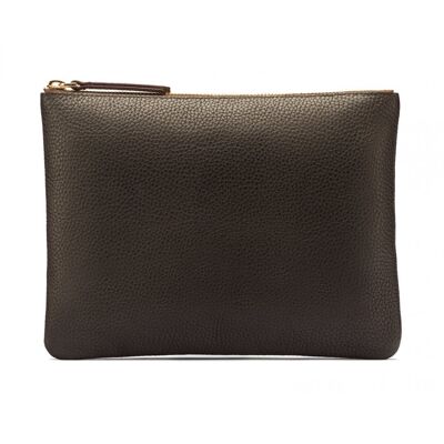 Large Leather Makeup Pouch - Brown - Brown - Helvetica/gold