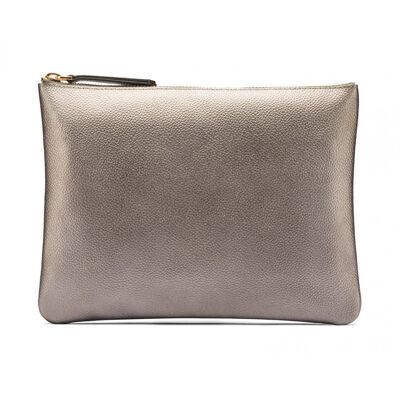 Large Leather Makeup Pouch - Silver - Silver - Helvetica/silver