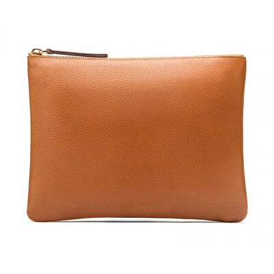Large Leather Makeup Pouch - Tan - Tan - Helvetica/silver