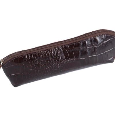 Large Leather Pencil Case - Brown Croc - Brown croc