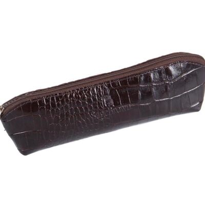 Large Leather Pencil Case - Brown Croc - Brown croc
