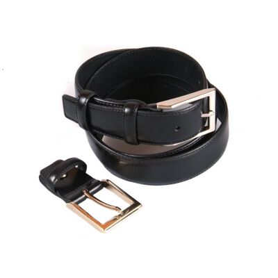 Leather Belt With 2 Buckles - Black - Black 28"/ 71cm