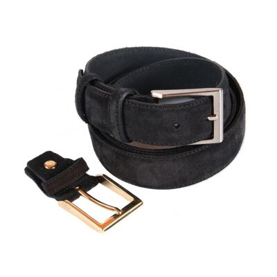 Leather Belt With 2 Buckles - Black Suede - Black suede 30"/76cm
