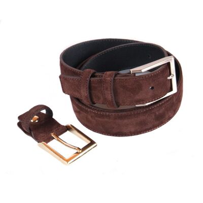 Leather Belt With 2 Buckles - Brown Suede - Brown suede 28"/ 71cm