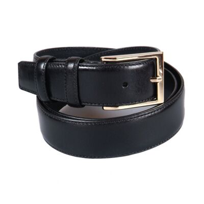 Leather Belt With Gold Buckle - Black - Black 32"/ 81cm