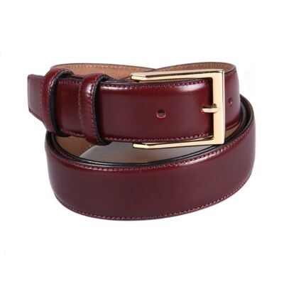 Leather Belt With Gold Buckle - Burgundy - Burgundy 32"/ 81cm