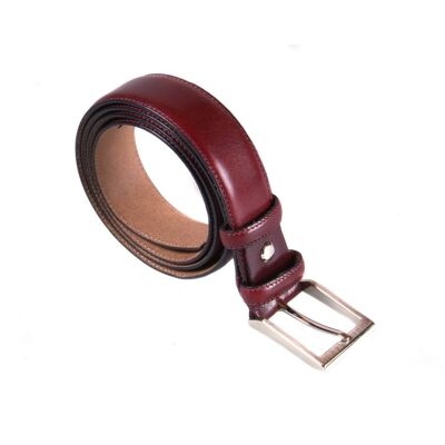 Leather Belt With Silver Buckle - Burgundy - Burgundy 34"/ 86.5cm