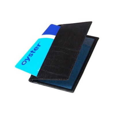 Leather Bifold Travel Card Wallet - Black With Cobalt - Black with cobalt - Helvetica/ blind