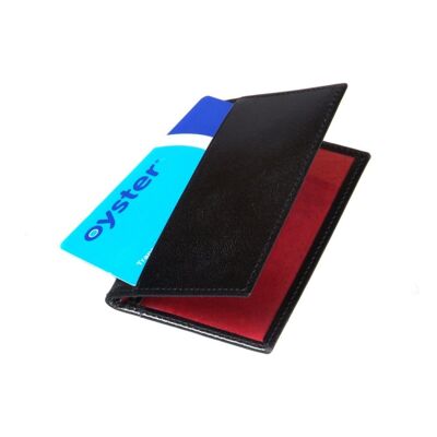 Leather Bifold Travel Card Wallet - Black With Red - Black with red - Helvetica/silver