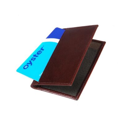 Leather Bifold Travel Card Wallet - Brown With Green - Brown with green - Helvetica/silver