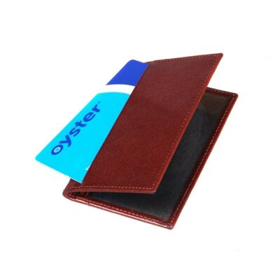 Leather Bifold Travel Card Wallet - Dark Tan With Green - Dark tan with green - Helvetica/silver