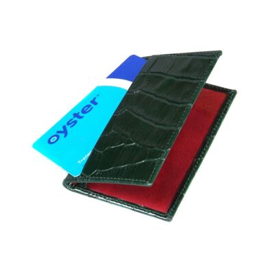Leather Bifold Travel Card Wallet - Green Croc With Red - Green croc with red - Helvetica/silver