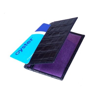 Leather Bifold Travel Card Wallet - Navy Croc With Purple - Navy croc with purple - Helvetica/gold