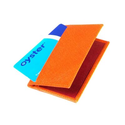Leather Bifold Travel Card Wallet - Orange With Red - Orange with red - Helvetica/silver