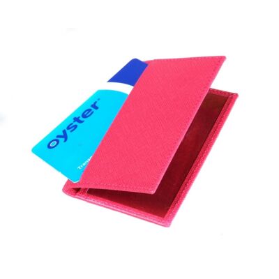 Leather Bifold Travel Card Wallet - Pink With Red - Pink with red - Helvetica/silver