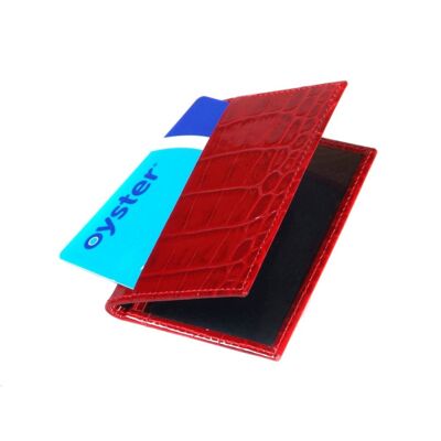 Leather Bifold Travel Card Wallet - Red Patent Croc With Black - Red patent croc with black - Helvetica/silver