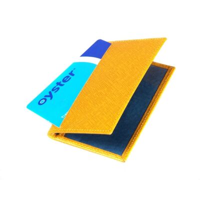 Leather Bifold Travel Card Wallet - Yellow With Cobalt - Yellow with cobalt - Helvetica/silver