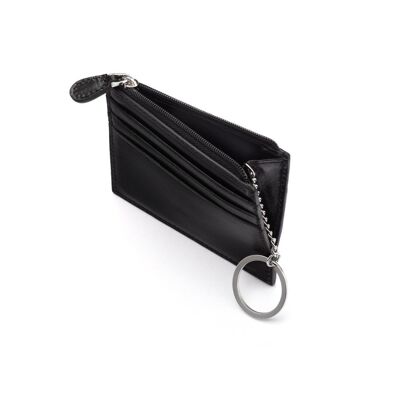 Leather Card Case With Zip Coin Purse And Key Chain - Black - Black - Helvetica/gold