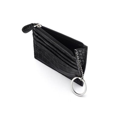 Leather Card Case With Zip Coin Purse And Key Chain - Black Croc - Black croc - Helvetica/silver