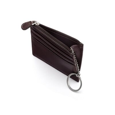 Leather Card Case With Zip Coin Purse And Key Chain - Brown - Brown - Helvetica/silver