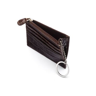 Leather Card Case With Zip Coin Purse And Key Chain - Brown Croc - Brown croc - Helvetica/silver