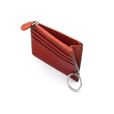 Leather Card Case With Zip Coin Purse And Key Chain - Chestnut - Chestnut - Helvetica/silver