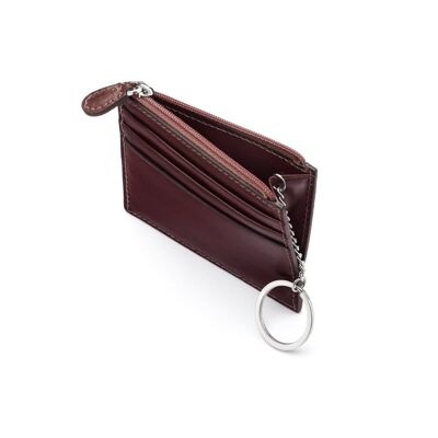 Leather Card Case With Zip Coin Purse And Key Chain - Dark Tan - Dark tan - Helvetica/silver
