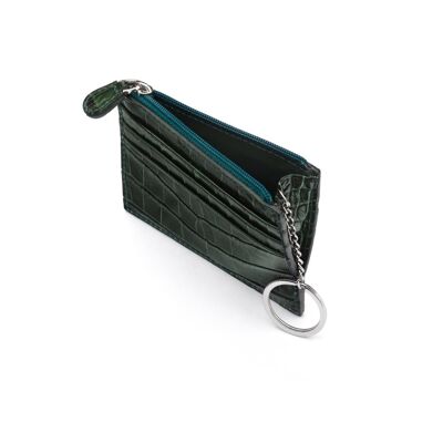 Leather Card Case With Zip Coin Purse And Key Chain - Green Croc - Green croc - Helvetica/silver