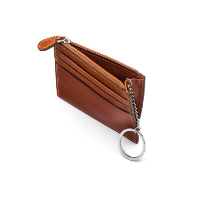 Leather Card Case With Zip Coin Purse And Key Chain - Havana Tan - Havana tan - Helvetica/gold