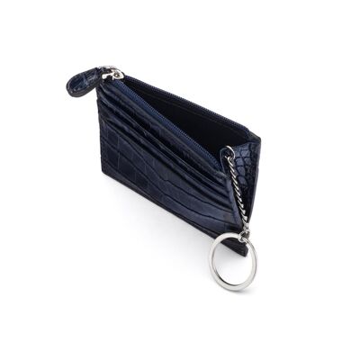 Leather Card Case With Zip Coin Purse And Key Chain - Navy Croc - Navy croc - Helvetica/silver