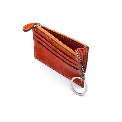 Leather Card Case With Zip Coin Purse And Key Chain - Orange Croc - Orange croc - Helvetica/silver