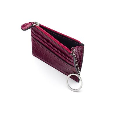 Leather Card Case With Zip Coin Purse And Key Chain - Pink Croc - Pink croc - Helvetica/silver