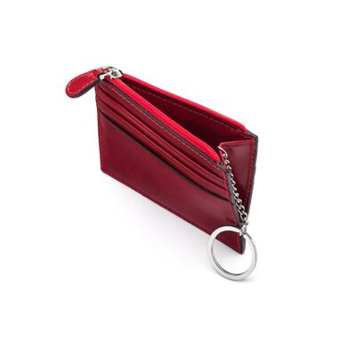 Leather Card Case With Zip Coin Purse And Key Chain - Red - Red - Helvetica/silver
