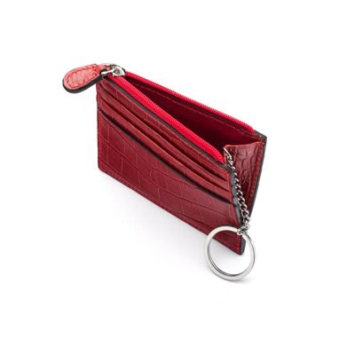 Leather Card Case With Zip Coin Purse And Key Chain - Red Croc - Red croc - Helvetica/silver