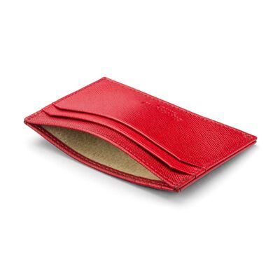 Leather Flat Credit Card Holder - Red Saffiano - Red - Helvetica/silver